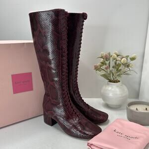 Kate Spade Lake Snake-Embossed Leather Knee High Boots Burgundy Women 9.5M NWB